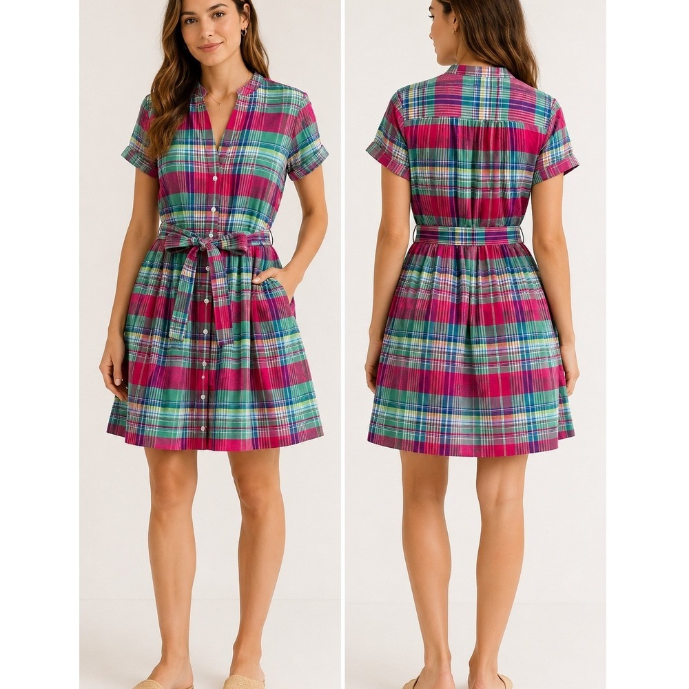 NWT Brooks Brothers Madras Plaid Belted Dress Summer Pink Green Pockets Size 2